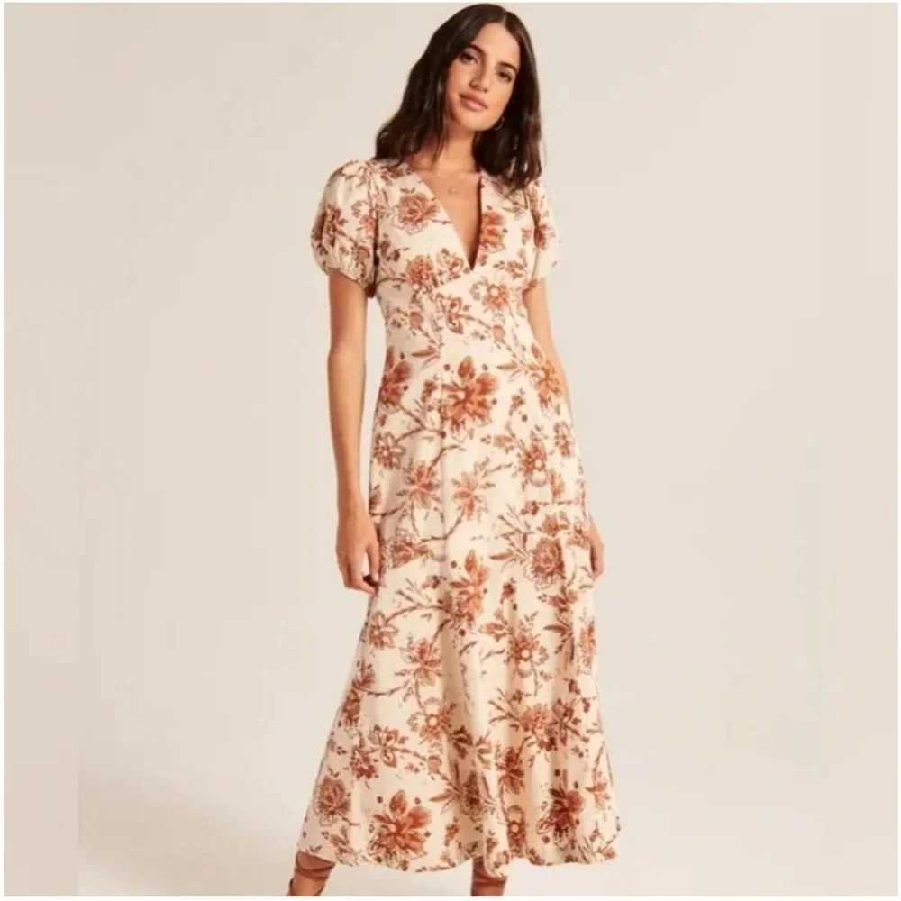 puff sleeve midi dress abercrombie Women's The A&F Emerson Poplin Puff Sleeve Midi Dress in Black Print | Size XS TALL